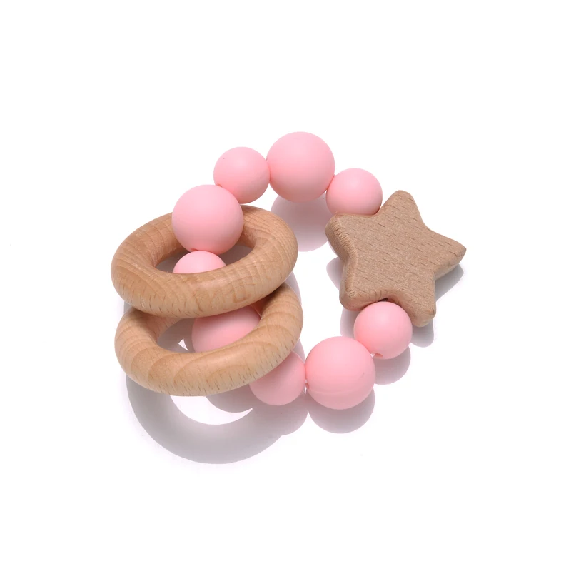 Baby Bracelet Rattles Teether Toys Wooden Girls Boys Infant Toddlers Beech Star Toy Silicone Beads Teething Accessories