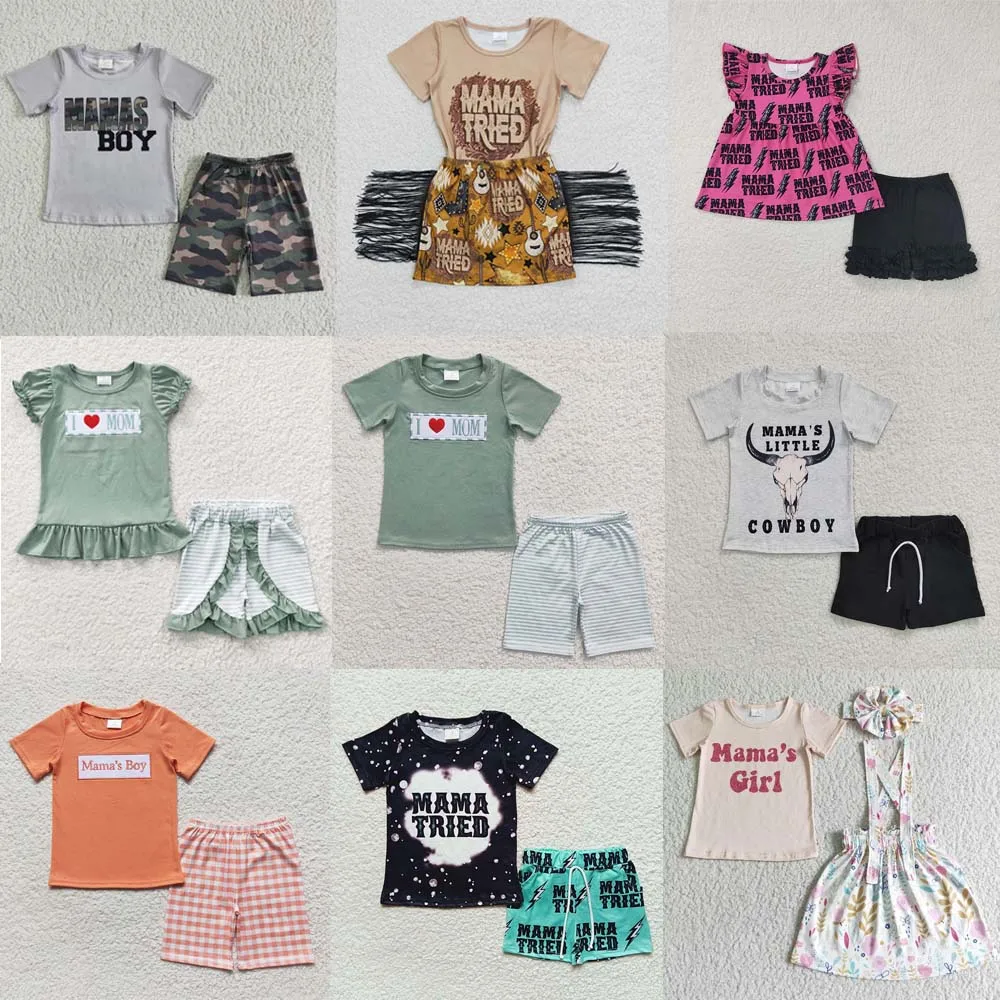

Wholesale Summer Toddler Outfit Baby Girl Mama Tried Short Sleeves Shirt Top Cotton Ruffle Shorts Children Kid Mom Set Clothing
