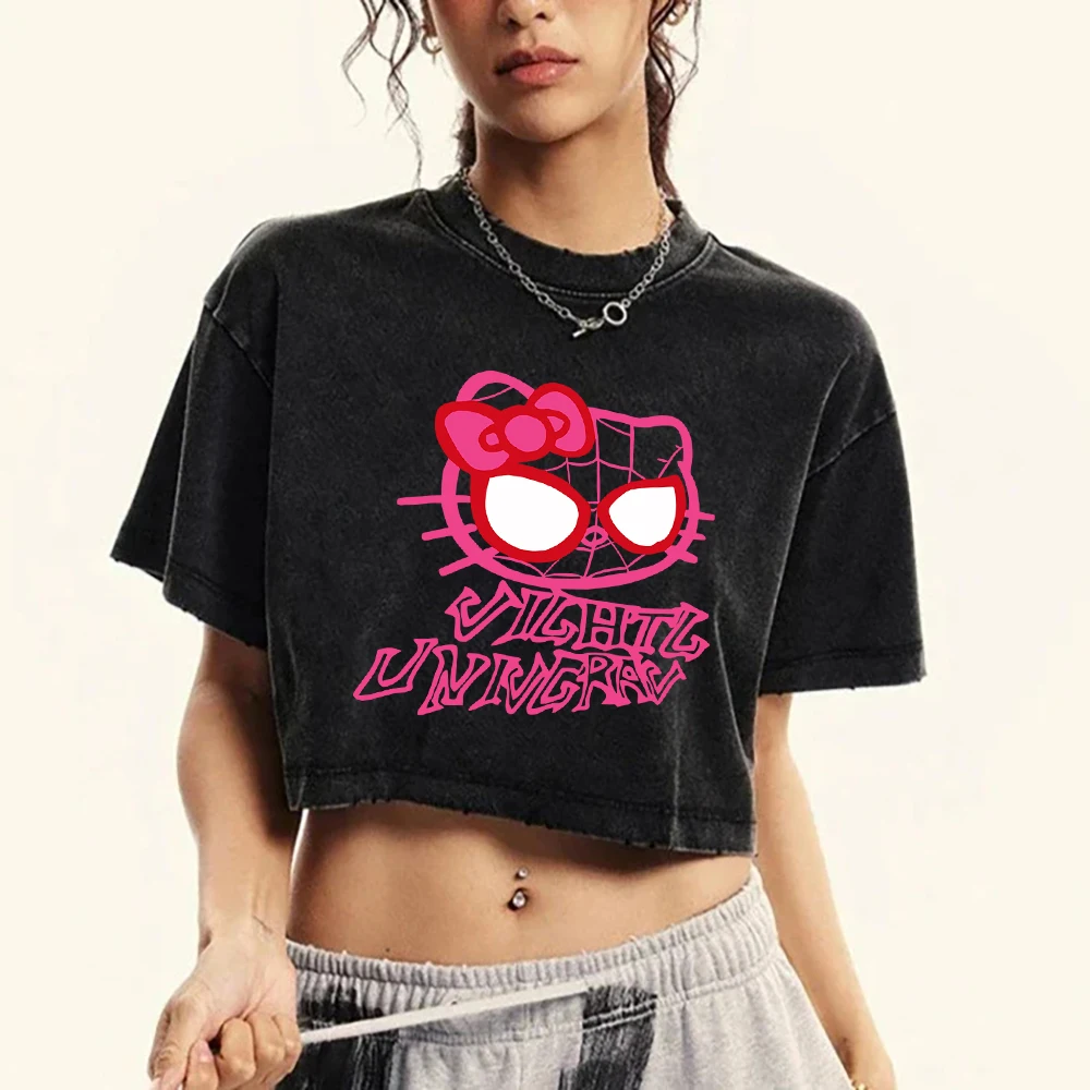 Sanrio Spider Man Hello Kitty Girl Tee Shirt Summer American Retro Cotton Casual Tshirt popolare Lovely Tees allentati Short Tops