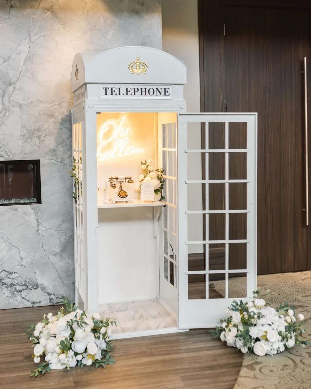 White phone booth with audio guestbook phone London wedding phone