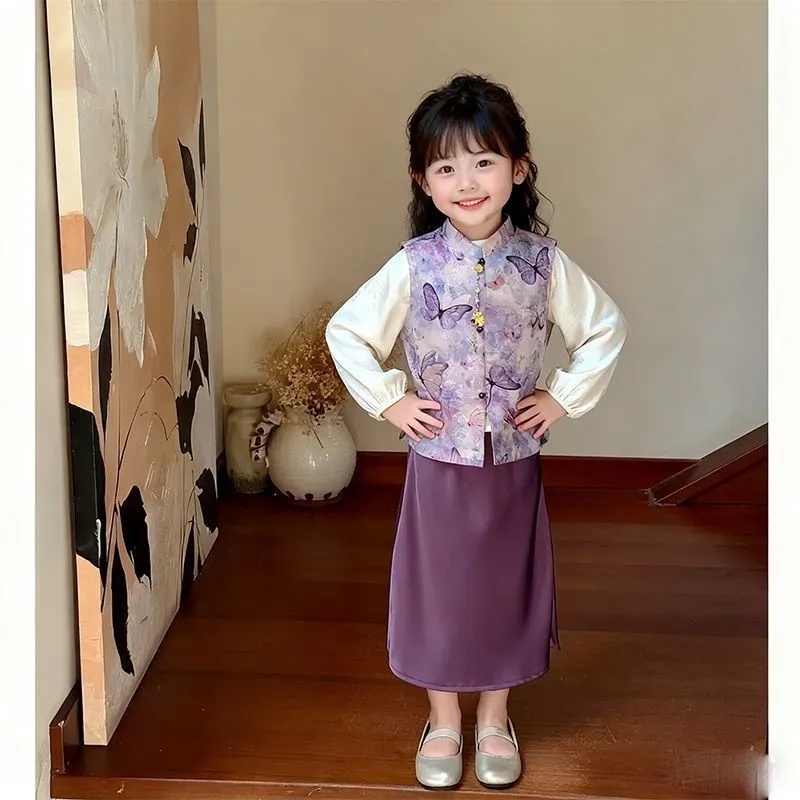2026 Girls' New Chinese Tang Costume Hanfu Set Children's Autumn Sleeveless Vest Kids' Purple Vest Skirt Shirt 3-Piece Set LJ290