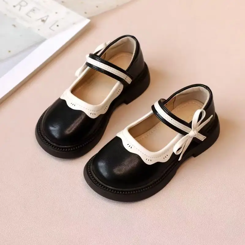 2026 New Girl's Round Toe Velcro Leather Shoes Spring Autumn Soft sole Shallow Bowknot Children Nude Shoes Princess Shoes