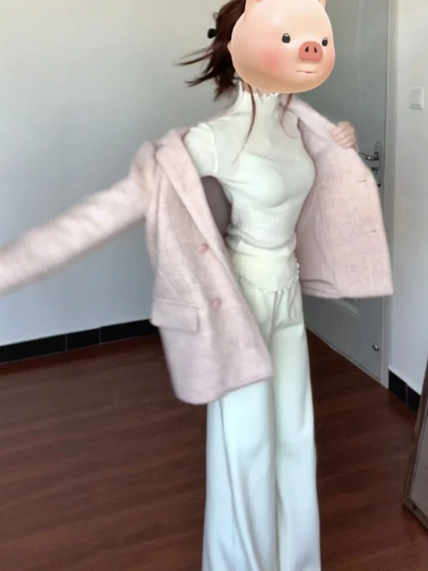 

Модное корейское шерстяное пальто средней длины розового цвета на пуговицах, верхняя одежда для повседневной носки, однотонное зимнее пальто