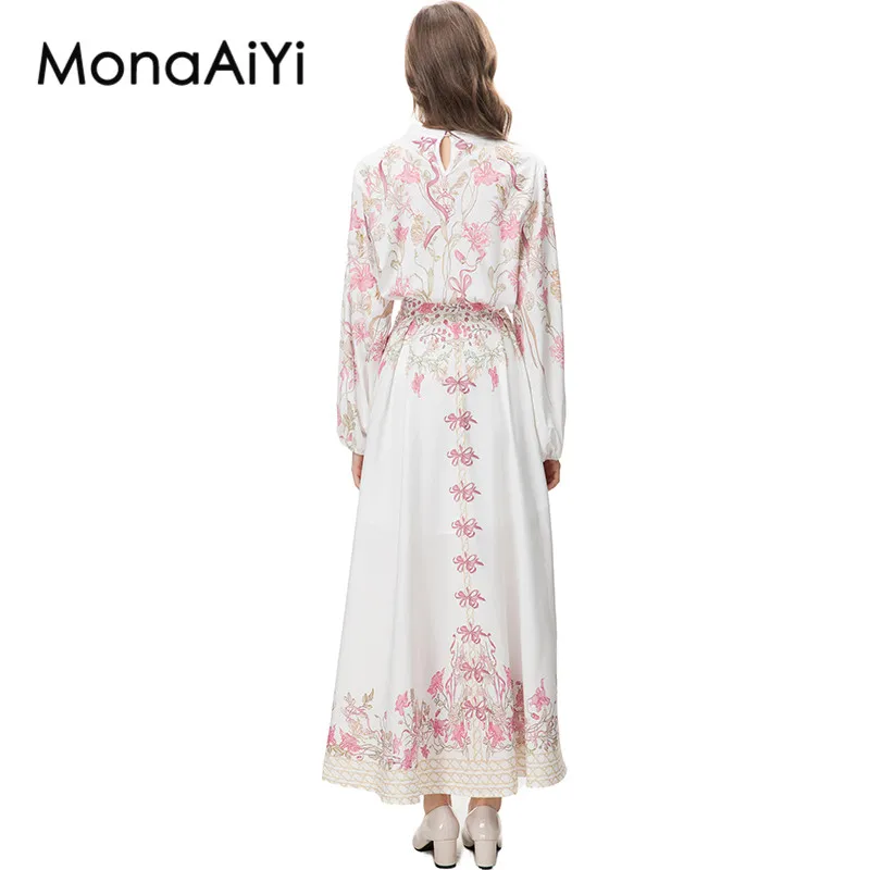 MonaAiYi New Fashion Designer Women's Round Neck Puff Sleeve Printed Tops+Small Bow Bead Casual Skirt 2pcs Set