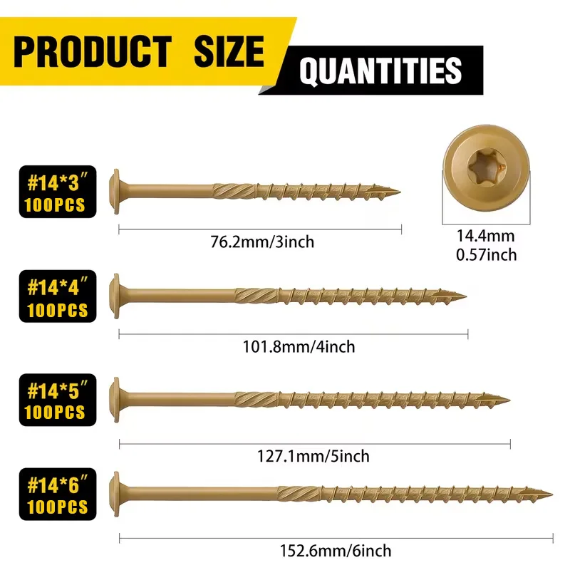 100 pieces of Lag screws #14 x 3 inches #14 x 4 inches #14 x 5 inches #14 x 6 inches Structural wood screws Outer coating Star-shaped drive Heavy-duty construction use (yellow)