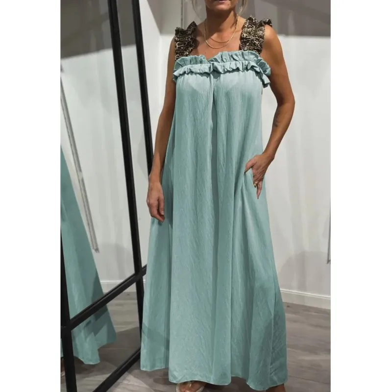 2025 Summer Boho Leopard Print Suspender dress Casual Pocket Long Skirt Loose A-line Large Hem Dresses Beach Party Robe Femme