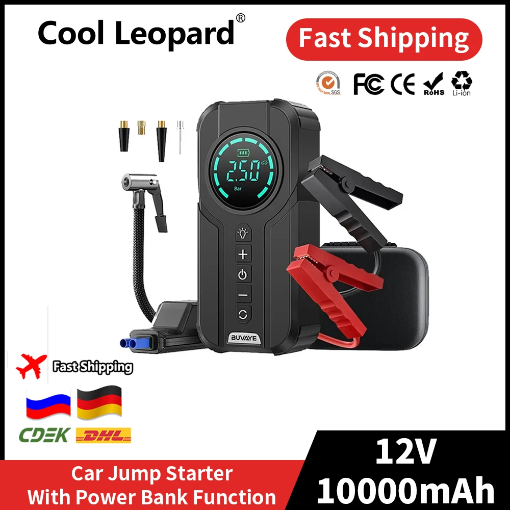 

Car Jump Starter Air Pump Power Bank Lighting Portable Air Compressor 4 In 1 Cars Battery Starters Starting Auto Tyre Inflator