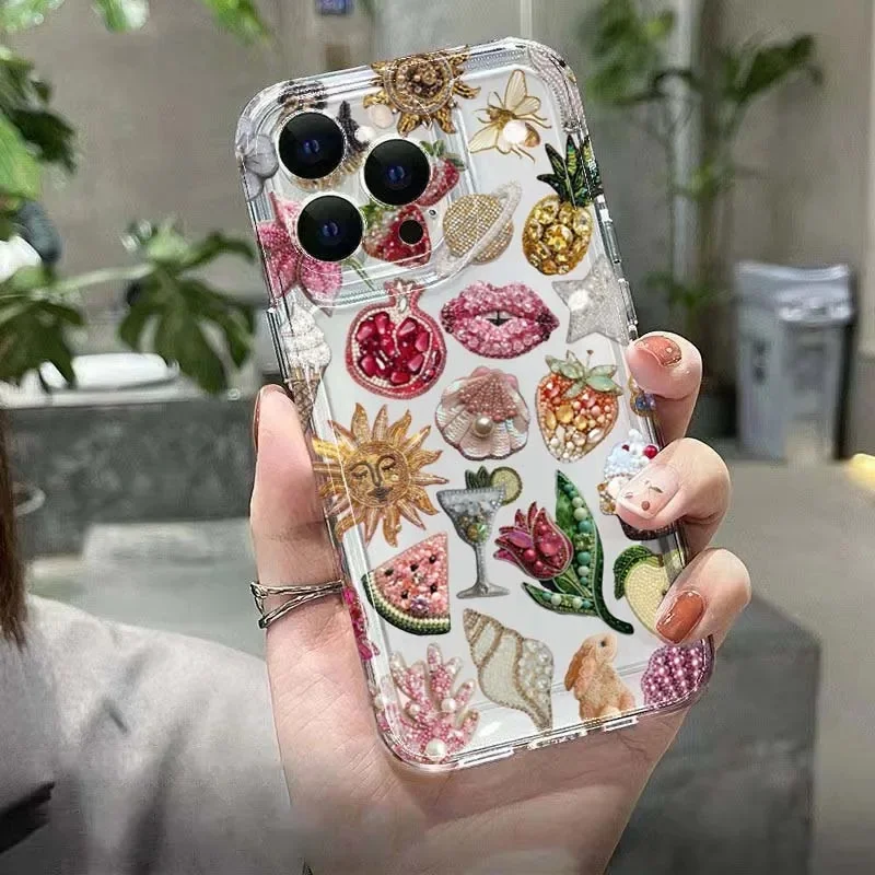 Shiny Women Simple Fruit Clear Case For Samsung S25 S24 Ultra S23 FE S22 S21 S20 A14 A33 A53 A55 Transparent Shockproof Cover