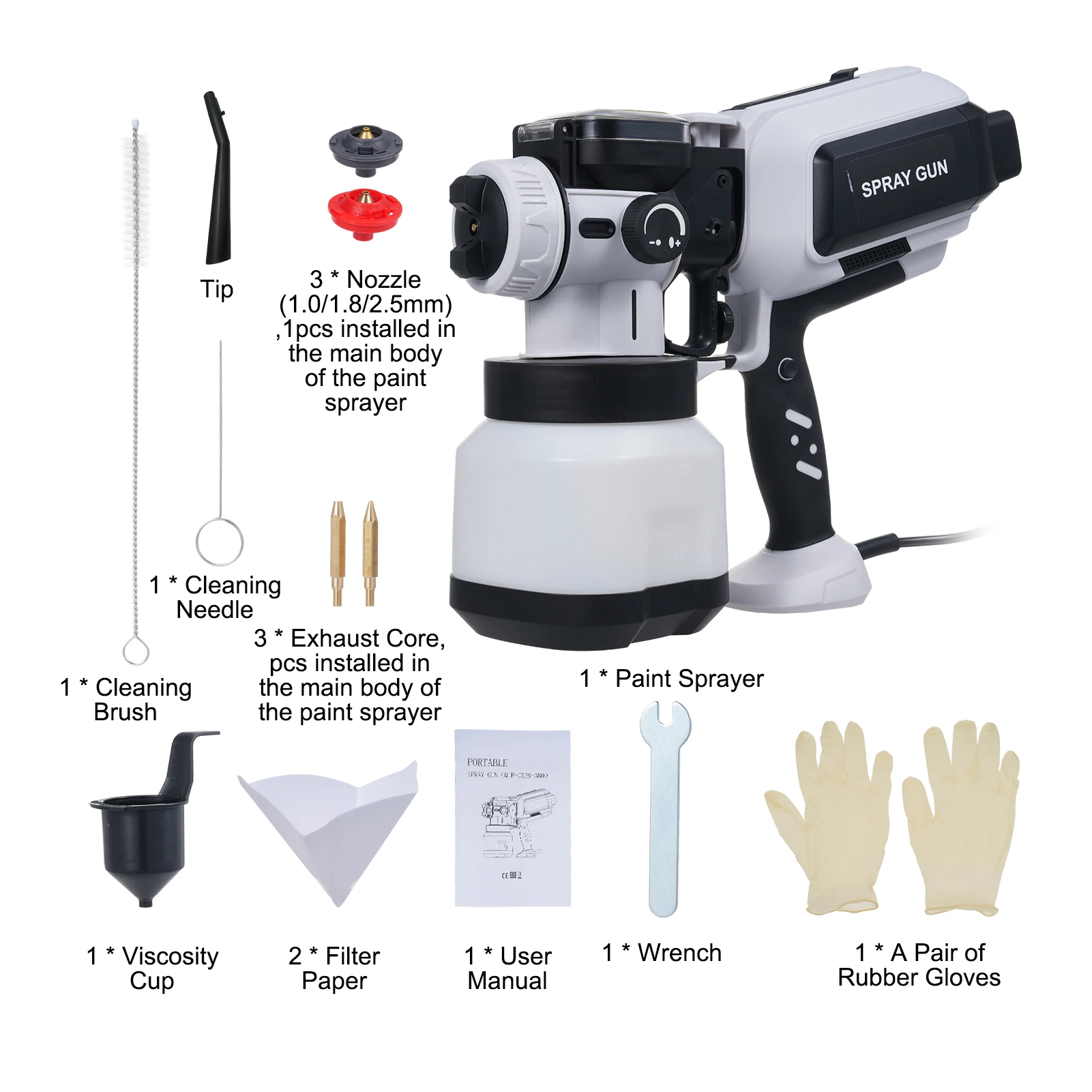 

Electric Spray Paint Gun 1200ML 650W With LED Light 3 Replaceable Nozzles 1.0mm 1.8mm 2.5mm for Car Furniture Fence and Wall