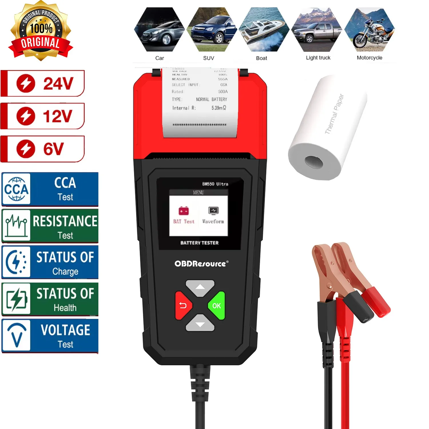 

Car Battery Tester with Built-in Printer 6V/12V/24V 100-2000CCA Automotive Digital Battery Voltage Tester Tool for Car Truck