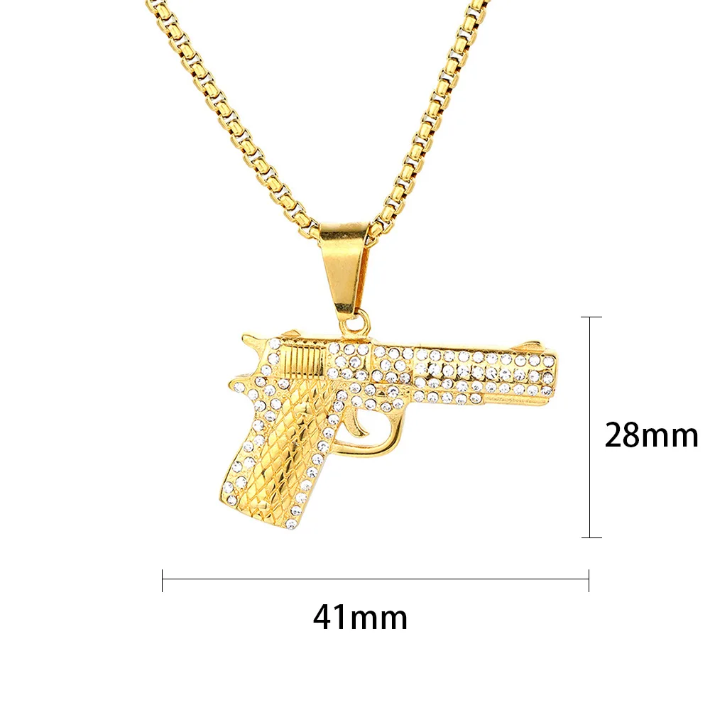 Hip Hop Soldier Pistol Gun Iced Out Shiny Zircon Pendant Gold Color Stainless Steel Necklace Man Hippie Military Trendy Jewelry