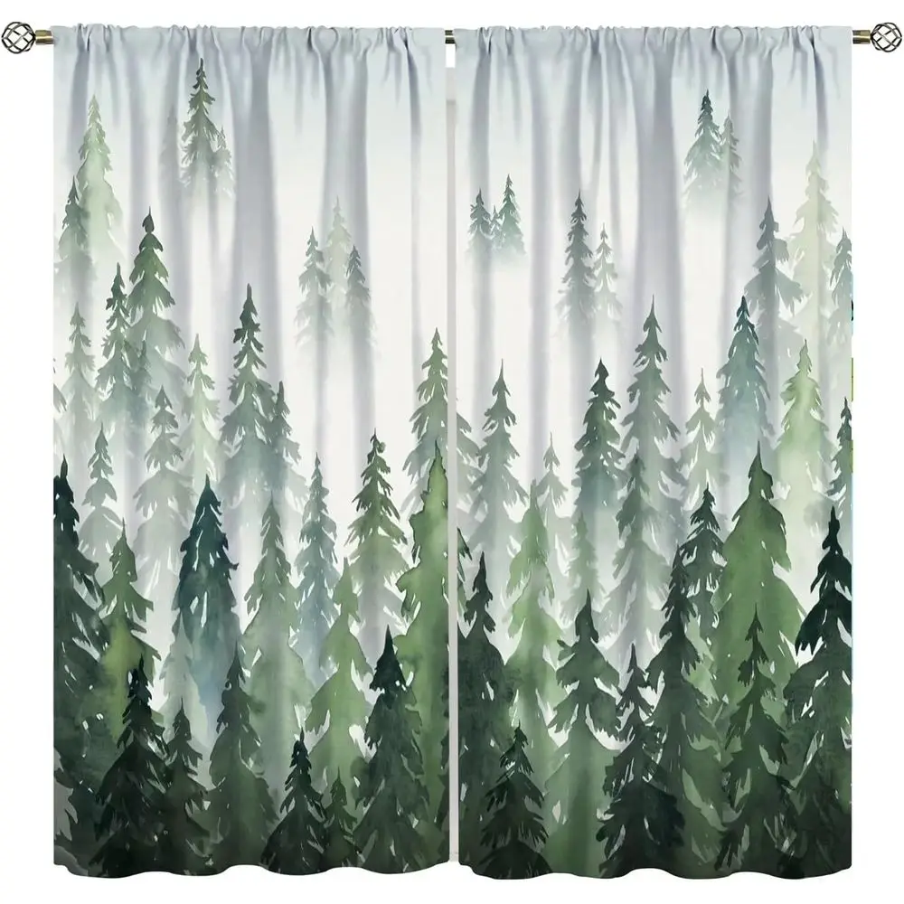 Green Forest Tree Watercolor Curtain for Living Room, Bedroom, 84x84 inches