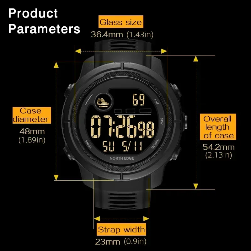 NORTH EDGE MARS 5 Men Digital Smart Watch Outdoor Military Sport LED Wristwatch 50M Waterproof Heart Rate SpO₂ Monitor