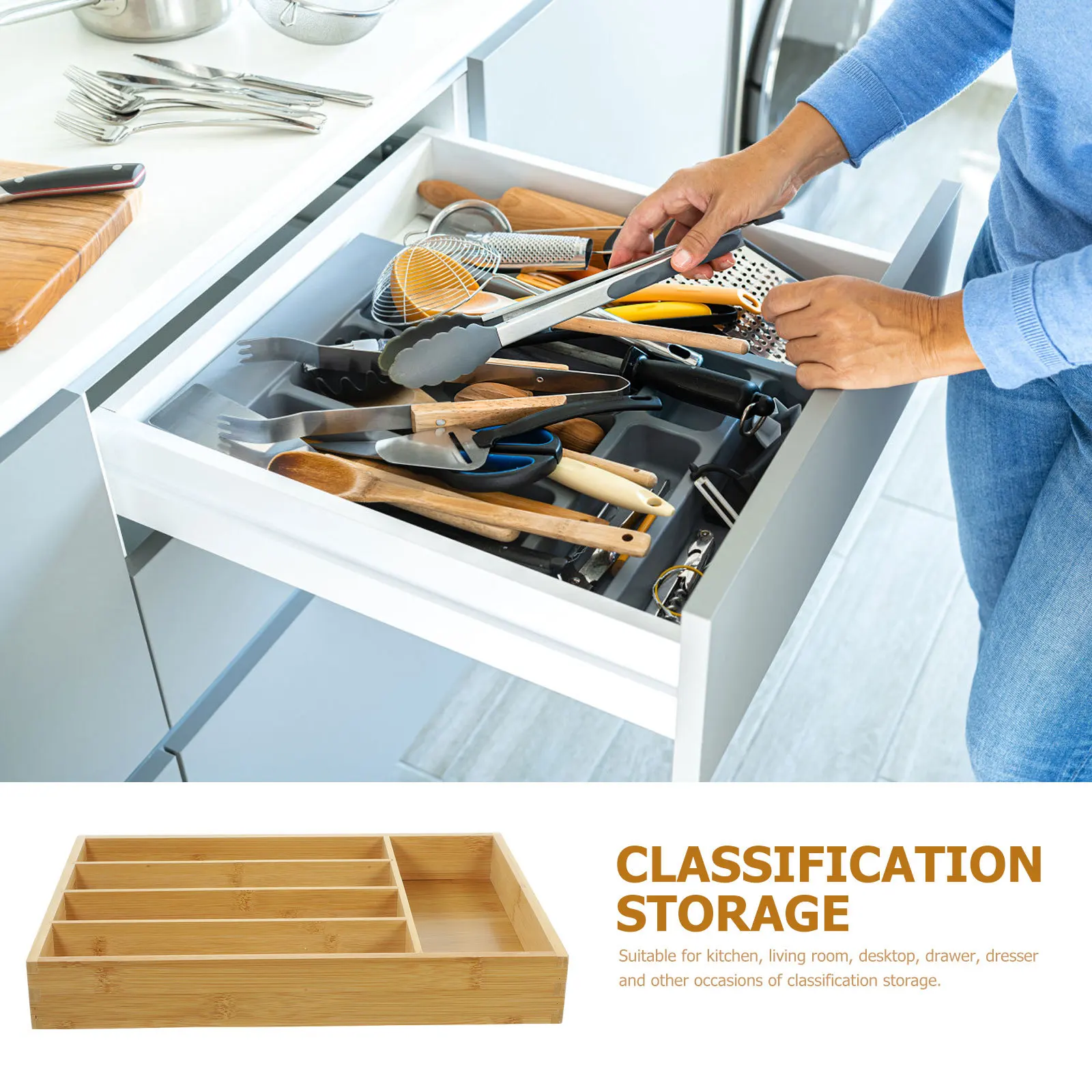 

Bamboo Drawer Organizer Multi Grid Storage Box Pen Holder Stationery Organizer Kitchen Silverware Container Desktop