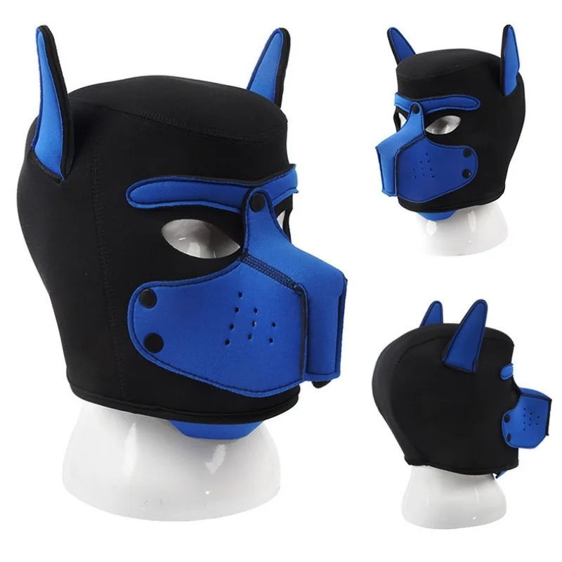 Unisex Costumes Puppy Cosplay of Men Women Open Mouth Padded Rubber Full Face Fetish Head Hood Mask Halloween Party Dog Roleplay