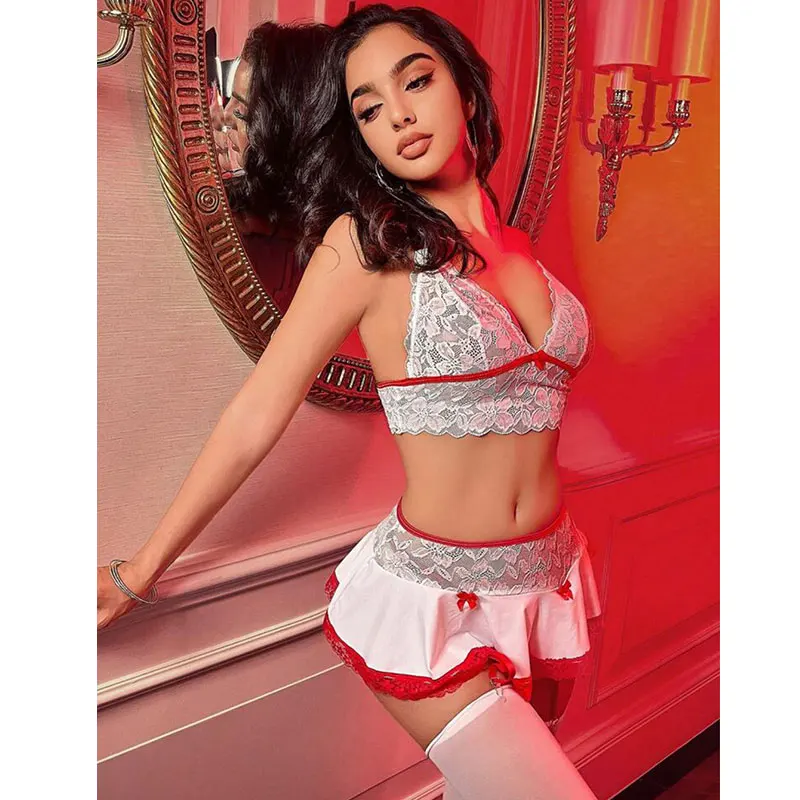 Sexy Cosplay Nurse Uniform Maid Uniform Sets V Neck Sheer Top+Mini Skirt+Thongs Hollow Out Cosplay Porn Sex Outfits