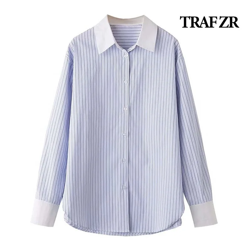 TRAF ZR Blouses for Women Fashion 2023 Cotton Blue Strip Long Sleeve Office Lady Women\'s Shirts Blouse Women Luxury Spring New