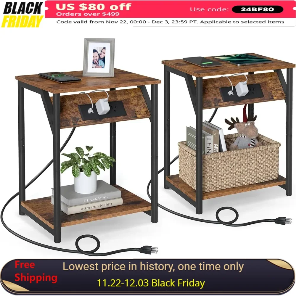 

Set of 2 Side Tables, Small Side Table in Living Room with Charging Station, Outlet and USB Port, Nightstand with Storage Shelf