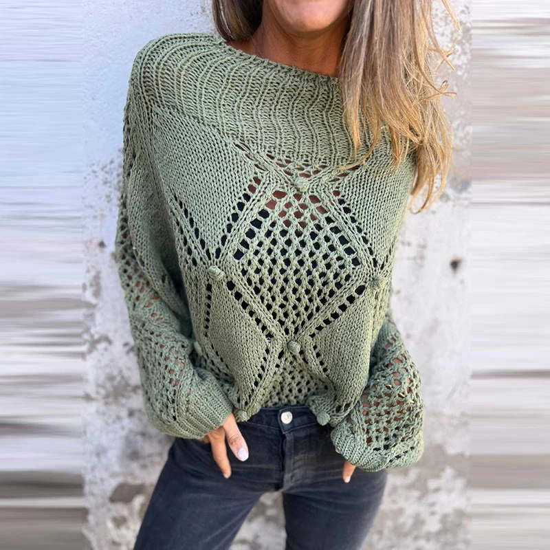 Autumn New Casual Knitted Hollow Out Sweater Office Lady Simple Loose Commuting Jumpers Fashion Solid Long Sleeved Pullover Tops