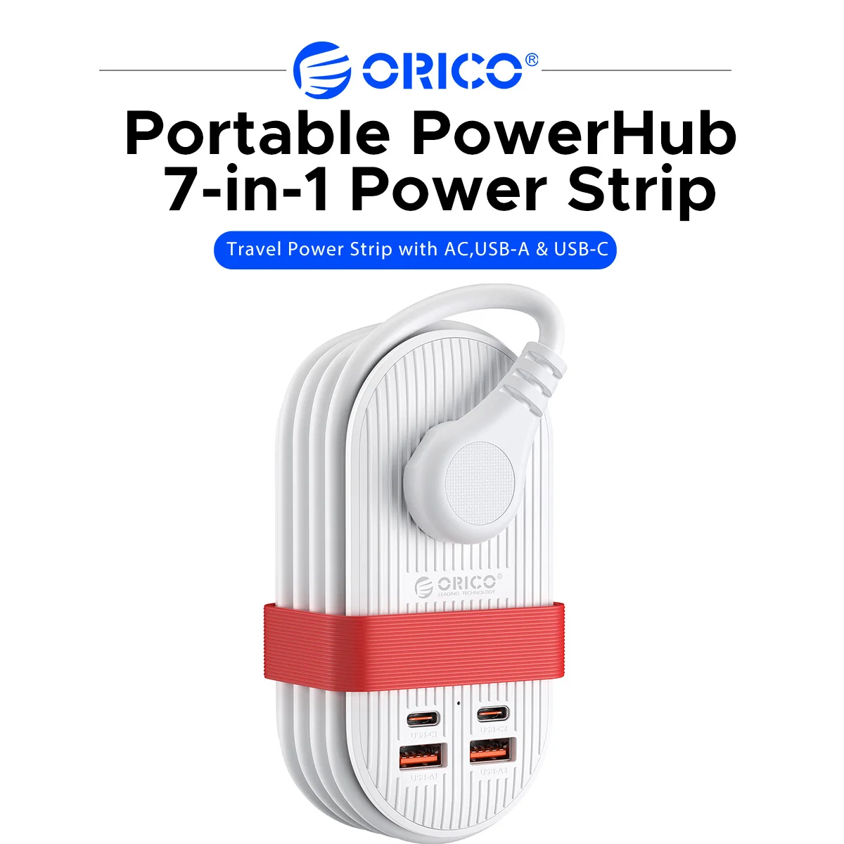 ORICO Portable PowerHub 7-in-1 Travel Power Strip US Plug 3AC 2USB-A 2USB-C PD Fast Charging 1250W Wrapable Cord Extension Socke