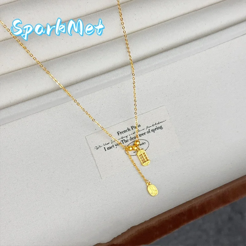 

Sparkmet Chinese Style Gold 9999 24K Real Gold Abacus Ping Anxiele Chain Temperament Jewelry Necklace Collarbone Chain Jewelry