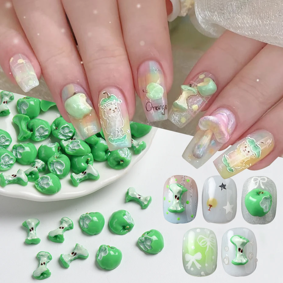 3D Realistic Bitting Green Apple Nail Charms Resin Fruit Series Apple Chip Acrylic Nail Art Decoration Manicure Supplies