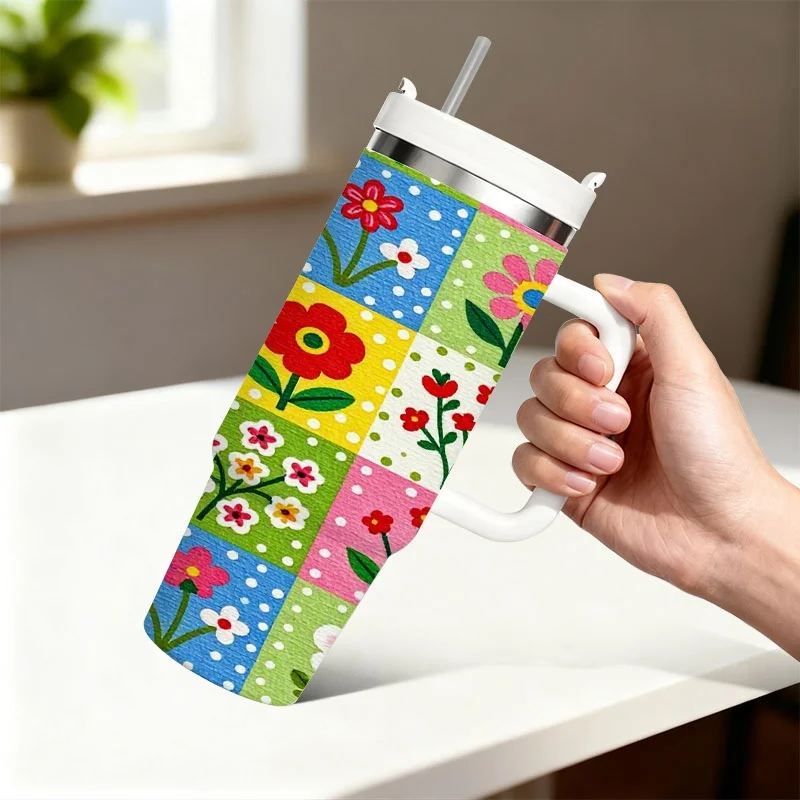 40 Oz Stainless Steel Double Wall Insulated Tumbler with Handle And Straw, Colorful Patchwork Floral Polka Dot Sublimation Print Travel Mug, Keeps Drinks Hot 18H Cold 36H, Perfect Birthday And Holiday Gift for Daily Use And Outdoor Trips