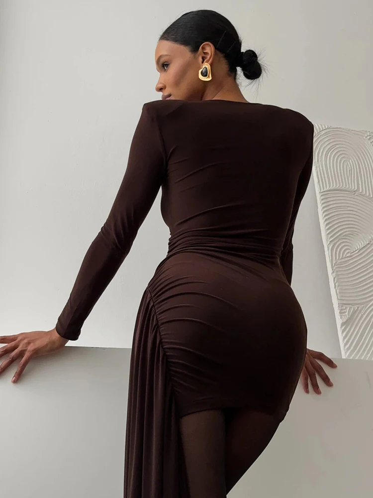 Mozision Long Sleeve Draped Ruched Sexy Maxi Dress For Women Gown Fashion Solid O Neck Bodycon Club Elegant Mini Dress Vestido