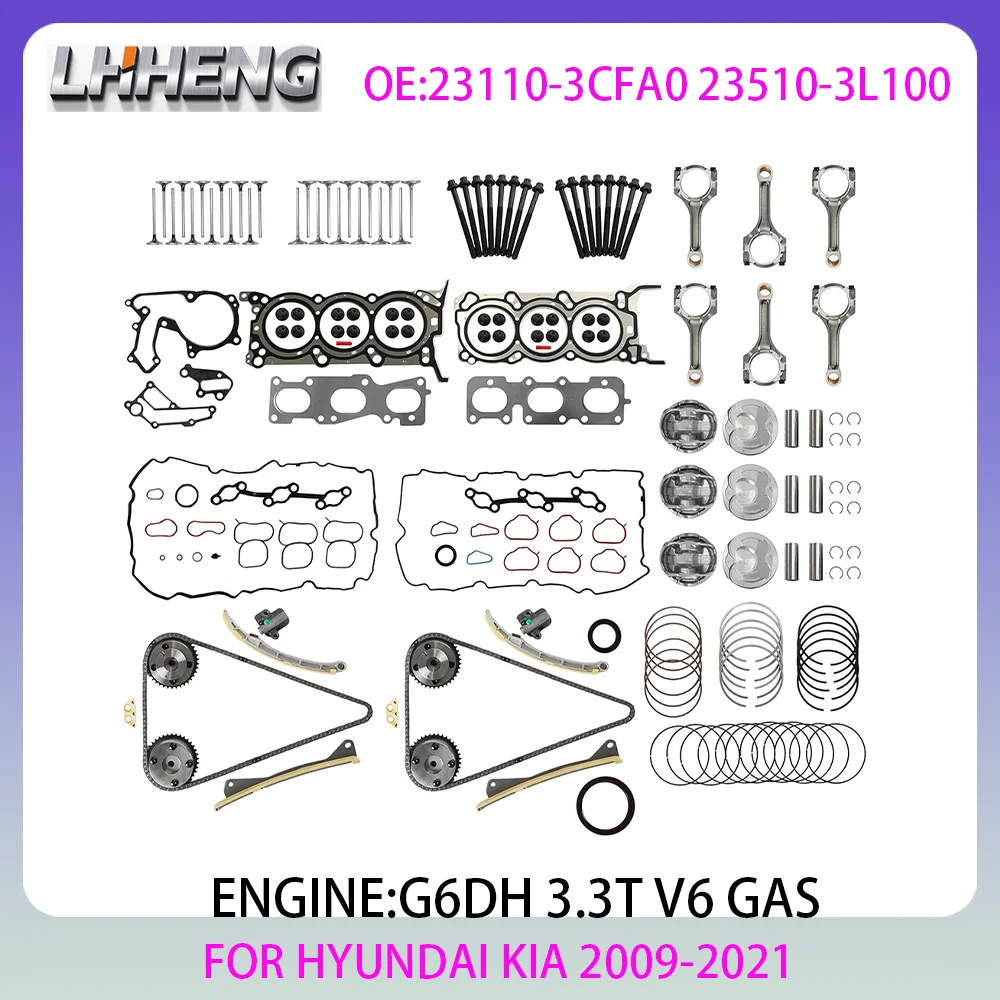Engine Rebuild Overhaul Kit Head Gasket Set Timing Chain Kit & VVT Pistons Connecting Rods Fit for HYUNDAI GRAND KIA 08-20 G6DH