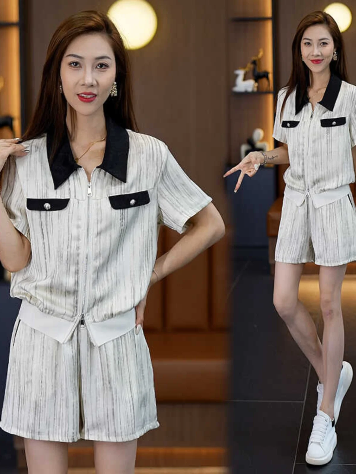 

Elegant Summer Fashion Set Casual Neck Short Sleeve Shorts Women's Two-Piece Suit Polyester Fiber Zipper Closure