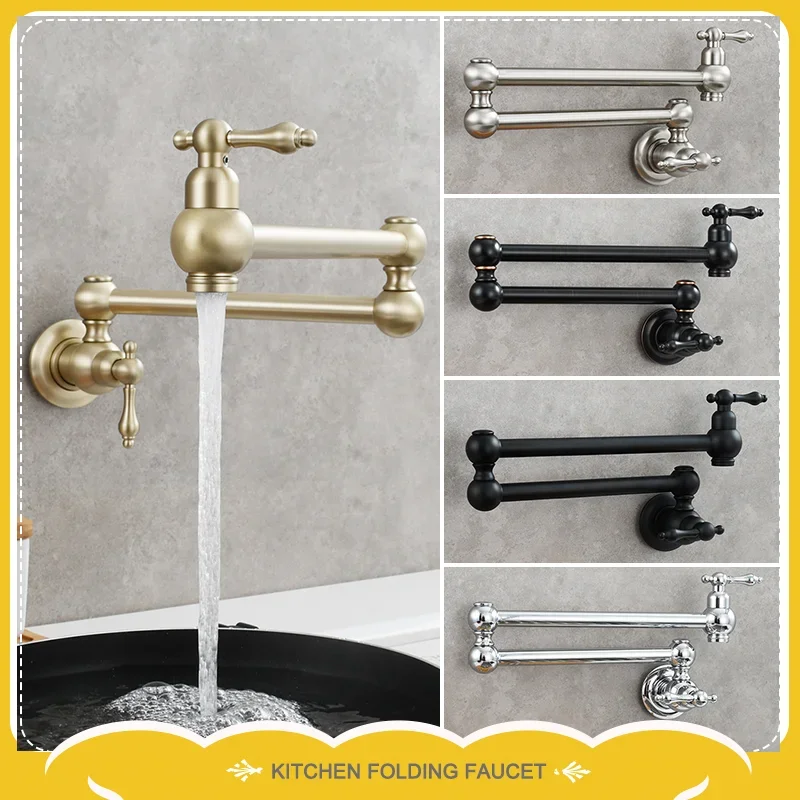 Wall Mount Brass Kitchen Faucet Single Cold Sink with Double Joint Stretchable Swing Arm Rotatable Spout Folding Washing Tap