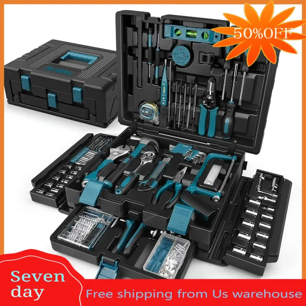 

379-PCs Home Tool KitProtable Complete Household and Auto Repair Tool Set Hand General Basic Tool Box Storage Case With Drawer