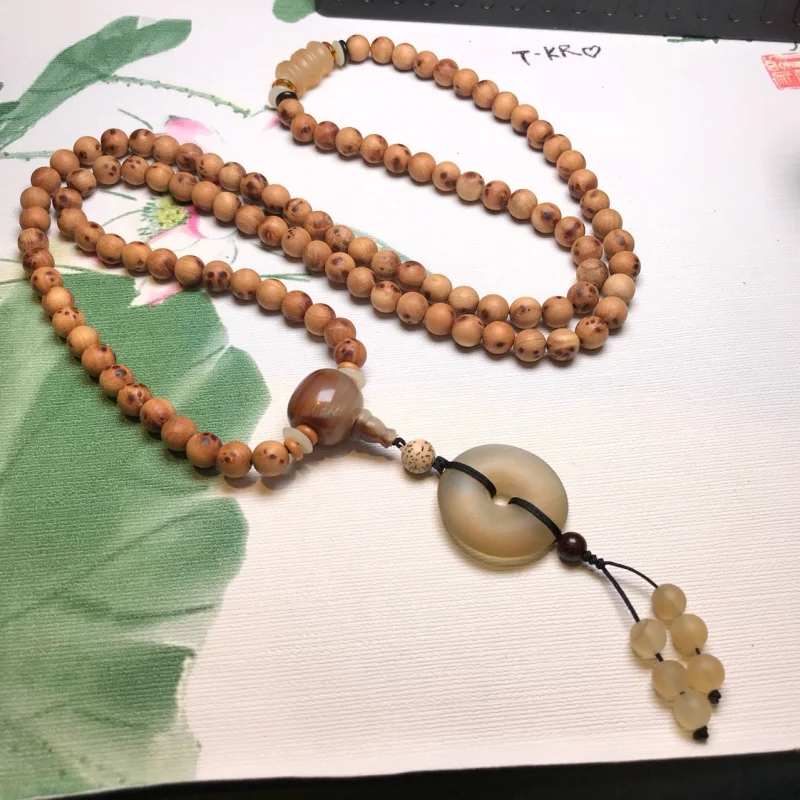 Natural Chinese cypress 8mm 108- long necklace with bamboo knot top bead, cow three-way connector and horn peace b