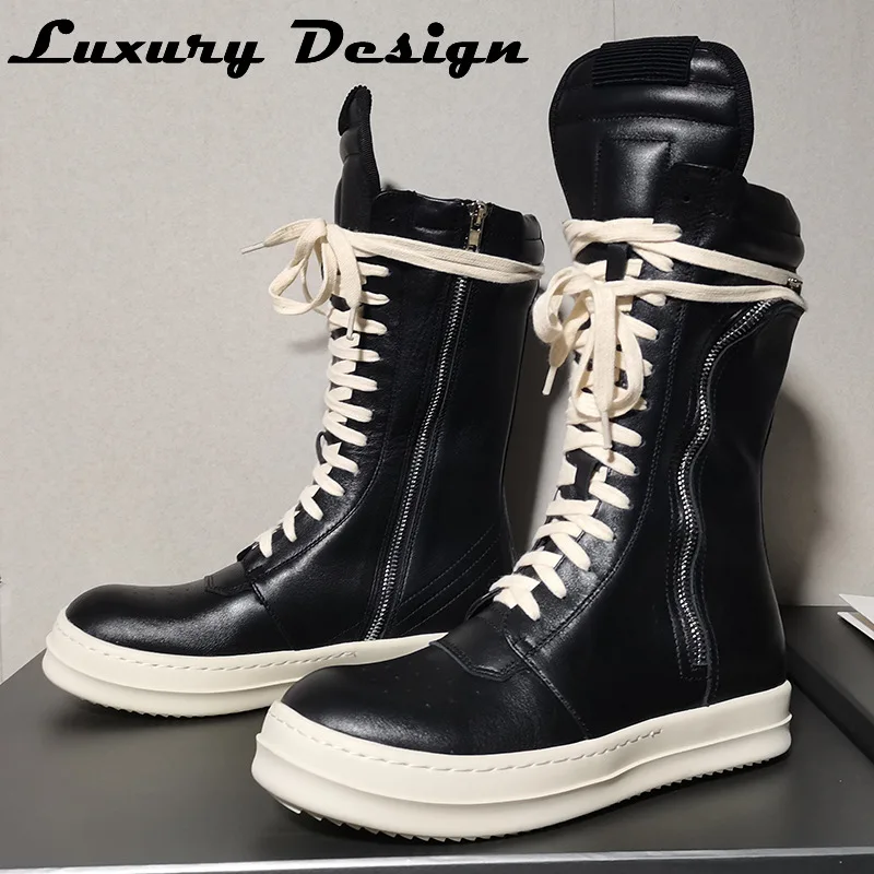 

Rock High Street Sneakers Women High Top Boots Luxury Brand Designer Shoes Genuine Leather Motorcycle Boots Men Mid Calf Boots