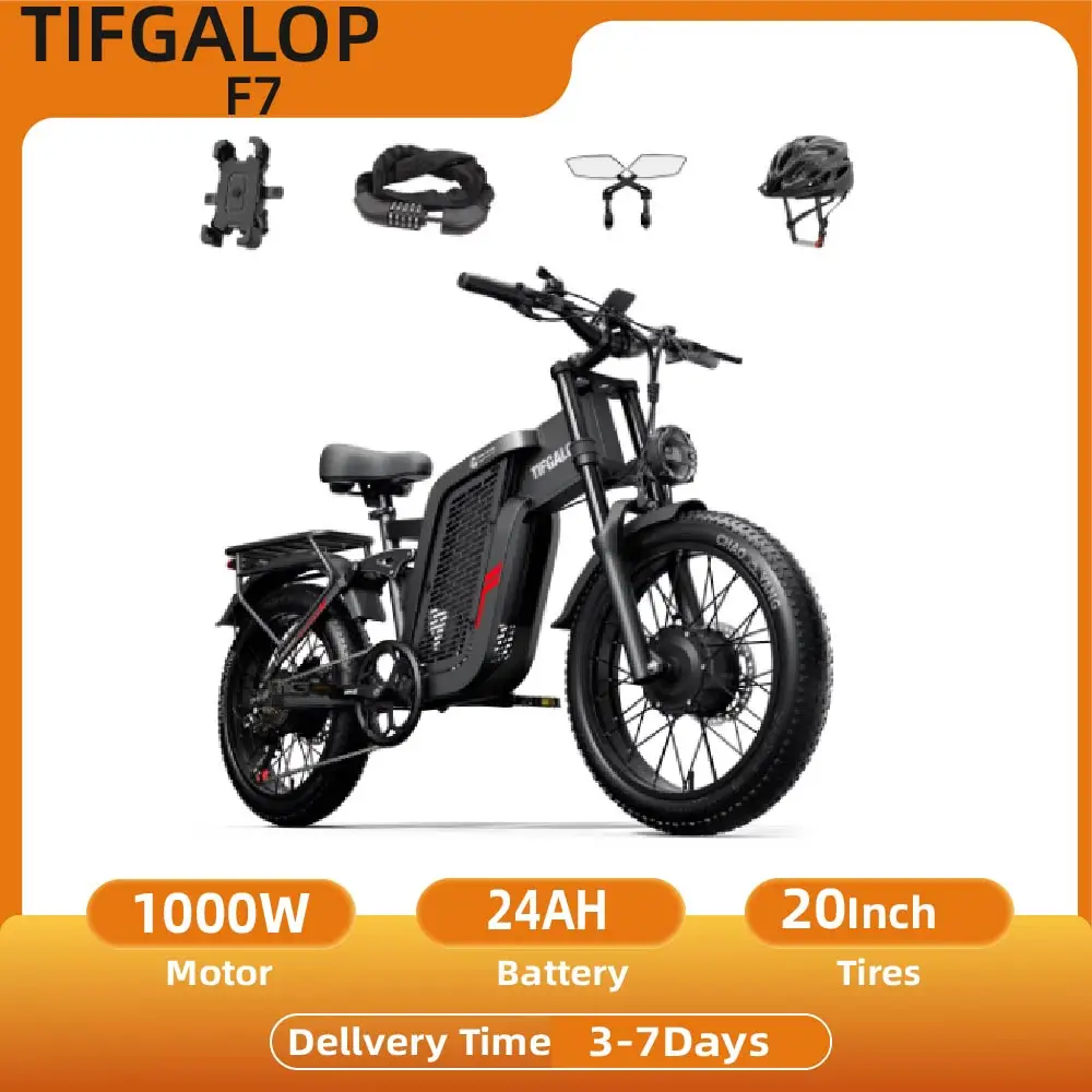 Vélo électrique TIFGALOP F7 pour adultes, moteur 1000W, pneus larges de 20 pouces, tout-terrain, batterie 52V 24Ah, vélo électrique tout-terrain