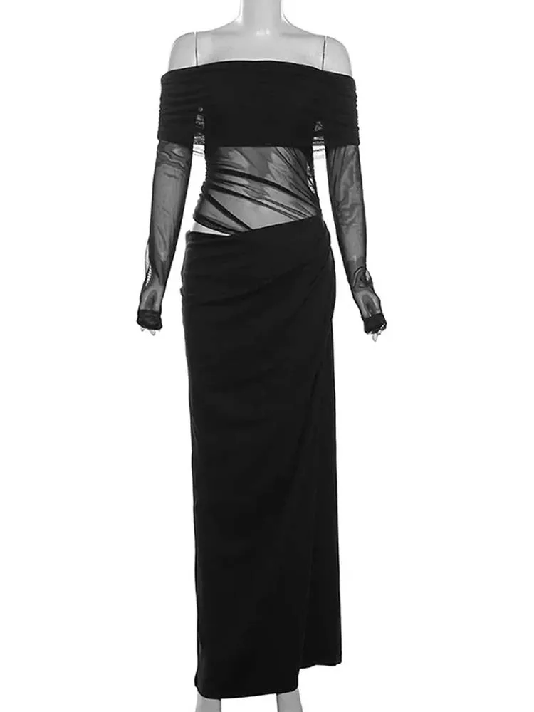 Nibber Mesh Ruches Vrouwen Maxi Jurk Sexy See Through Off Schouder Lange Mouw Schede Vestidos Vrouwelijke Midnight Party Solid Gewaad