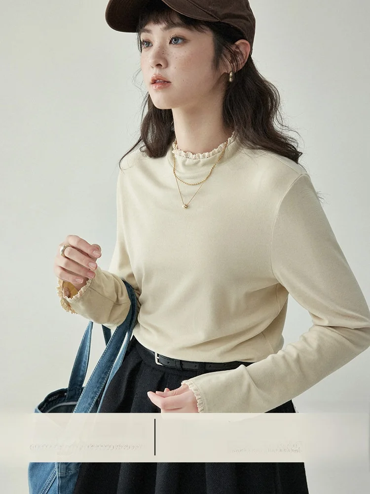 AMUU Original Japanese Style Long Sleeve T-Shirt Women's Base Layer Double-Faced Velvet Halter Neck Pure Color Lace Trim Top