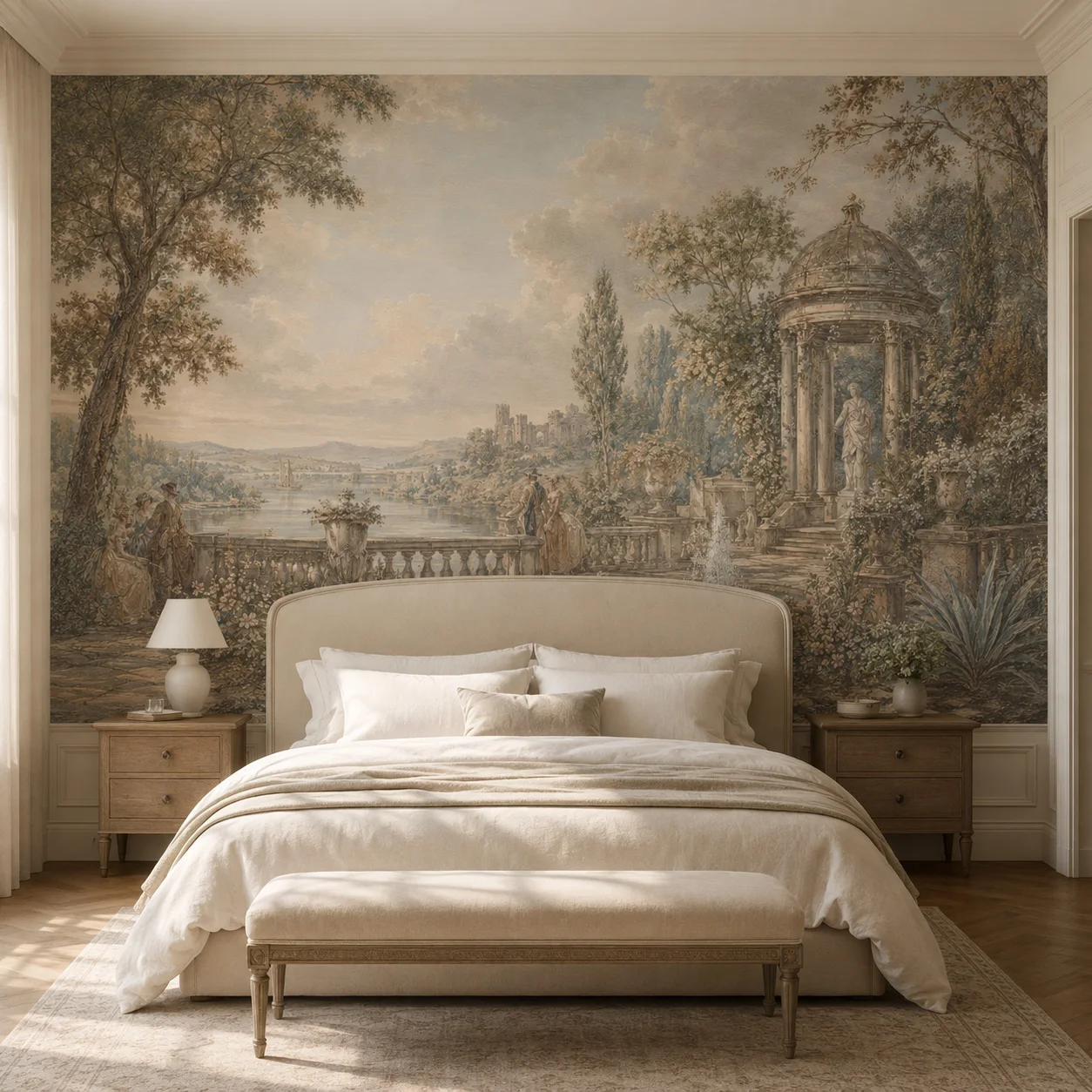 Vintage European Garden Landscape Wall Mural Wallpaper, Classical Pavilion Lake Scenic Art for Living Room, Paste Required