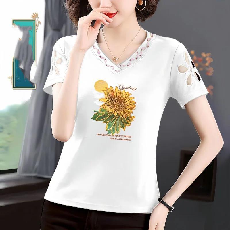 2024 Summer New Women\'s Pullovers V-Neck Hollow Out Printed Casual Short Sleeve Fashion Loose Commuter Pure Cotton T-shirt Tops