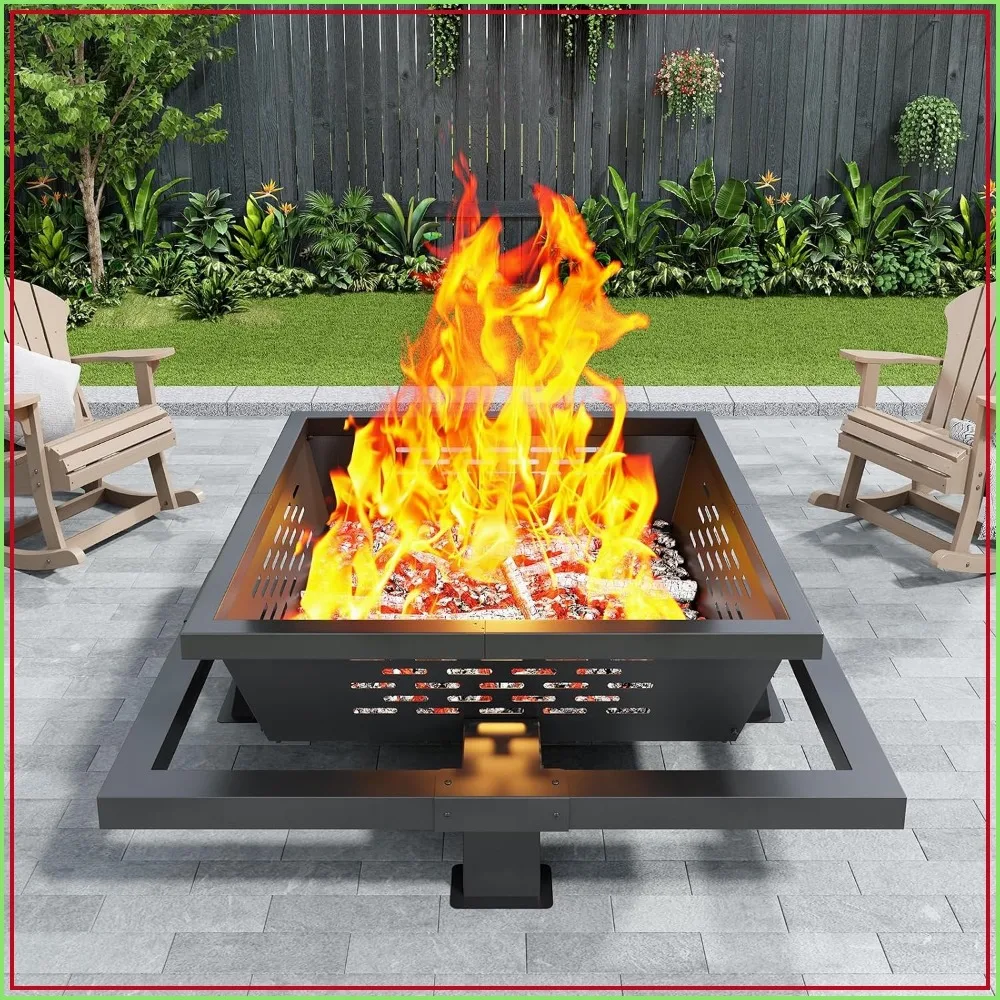36 inch Square Fire Pit with Poker, Wood Burning Outdoor Fire Pit for Camping Backyard Patio