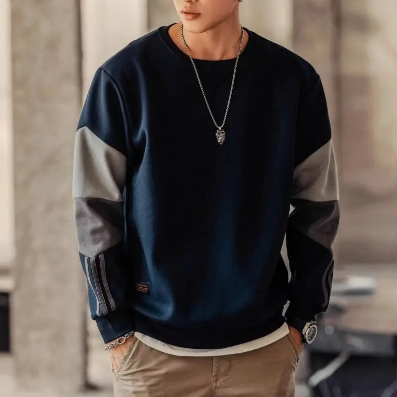 Men O-Neck Autumn New Patchwork Long Sleeve American Style Chic Big Size Loose Casual Moto Biker Panelled High Street Hoodie