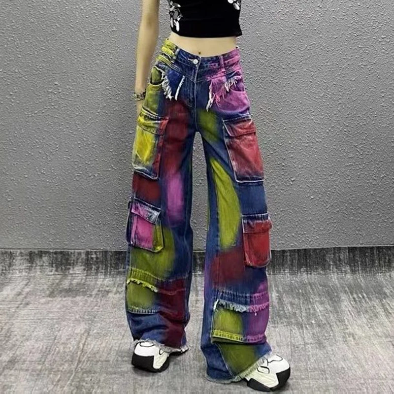 Cool painted multi pocket cargo jeans for women new stylish high waisted loose fit versatile trendy casual wide leg pants
