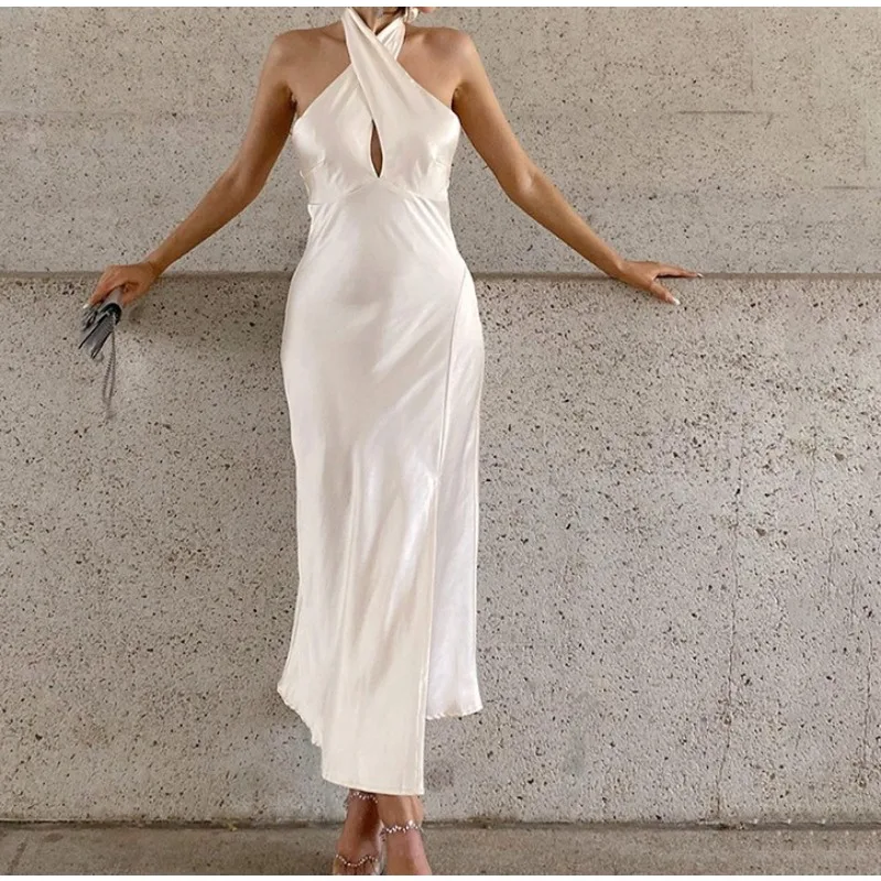 

2026 Spring and Summer Beige Satin Halterneck Evening Dress Skirt Women's Temperament Chest Wrap Waist French Mermaid Long Skirt