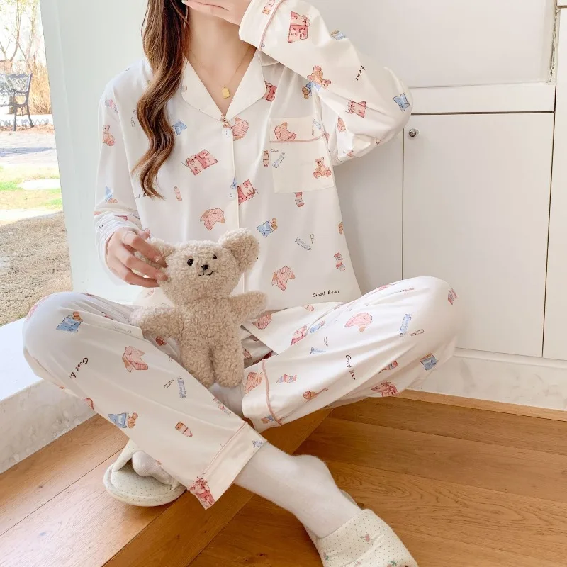 

Женские весенние пижамы с длинными рукавами для кормления, одежда для сна с длинными рукавами и лацканами, милый топ с мультяшным медведем + брюки, домашняя одежда, повседневная одежда для дома