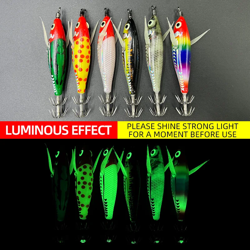 ShareShark 6pcs/bag 3D Laser Horizontal Shrimp Squid Hook Glow-in-the-dark  Wood Shrimp Double Umbrella Hook Blowpipe Squid Lure