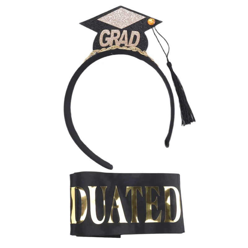 1Set Grad Cap Headband Graduated Satin Sash 2024 Graduation Party Decoration Supplies Photo Props Mini Bachelor Hat