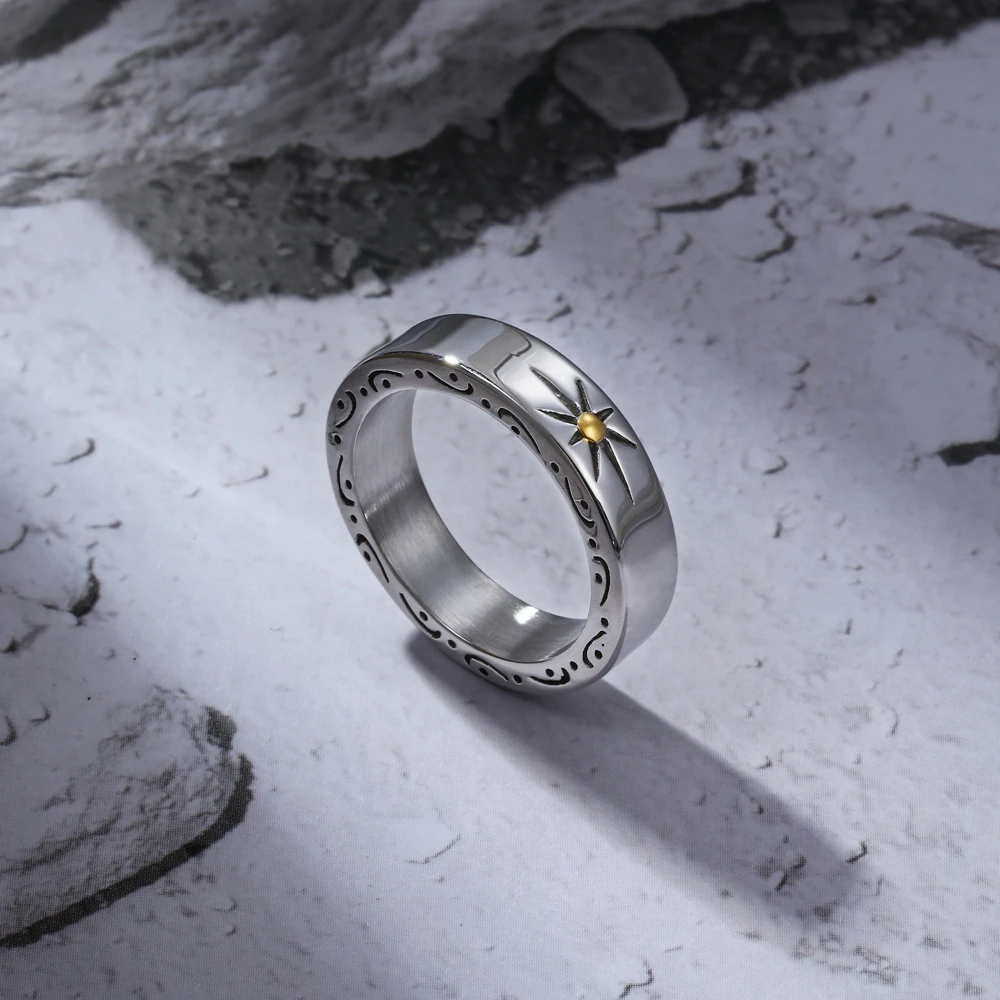 1Pcs European and American Style Non-Fading Stainless Steel Vintage Business Ring Trendy Men's Simple Fashion Sunflower Ring for Index Finger