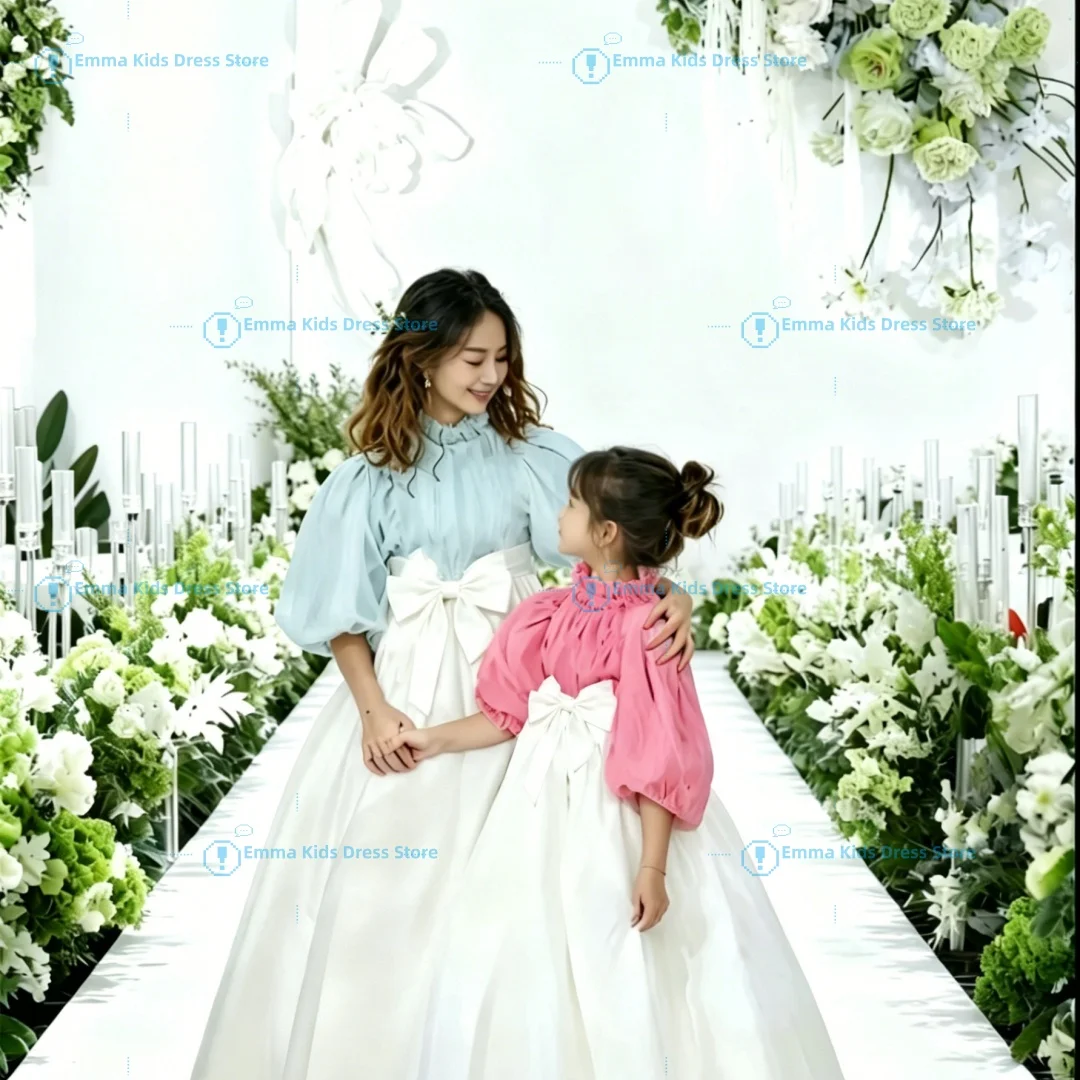 

White Satin Bow Puff Sleeve Girls Dress High Low Hem Kids Wedding Flower Girl First Communion Party Gowns