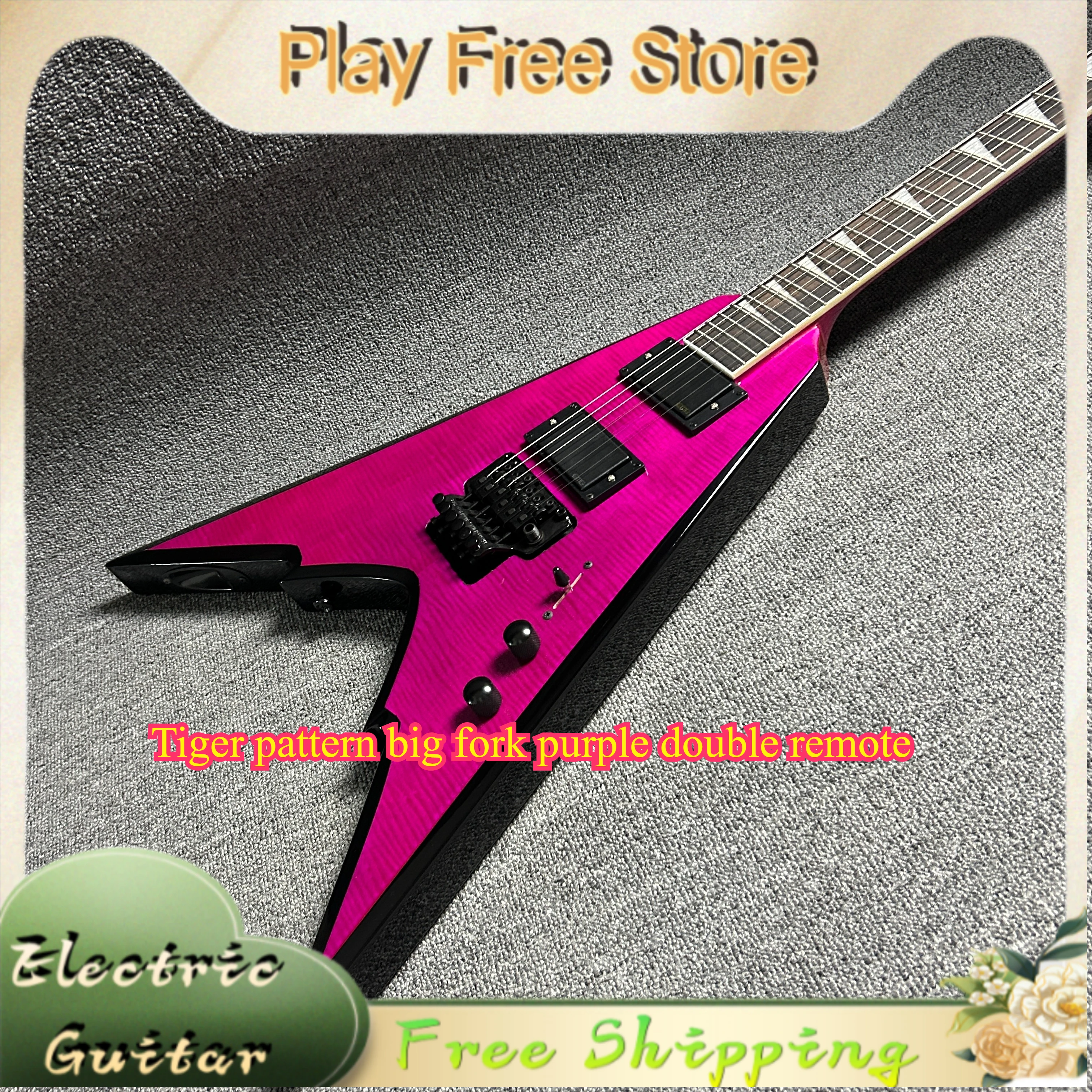 

JK Electric Guitar Tiger Pattern Big Fork Purple Double Remote Pointed V-shaped Rose Red HH Power Metal Enthusiast Black Edging