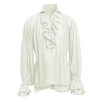 Homens gótico camisas brancas vintage plissado rendas até lapela lanterna manga blusa casual topo medieval vitoriano camisas festa de halloween